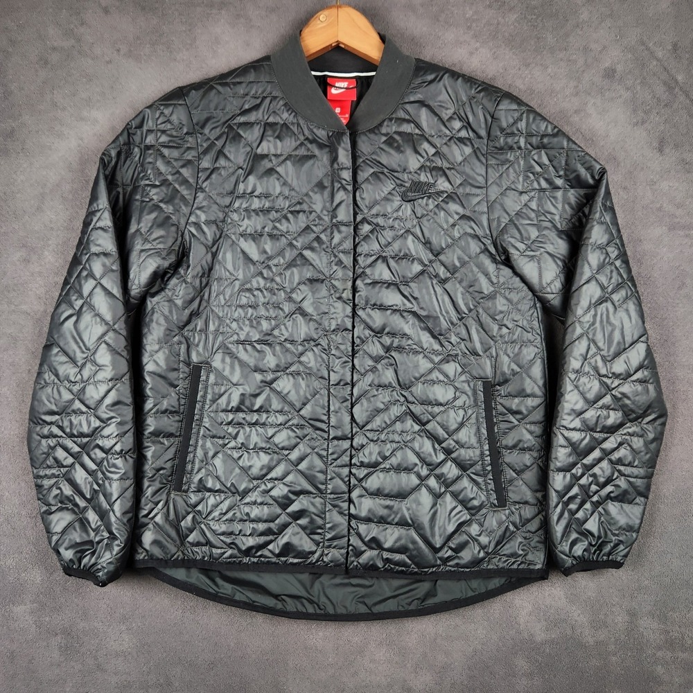 Nike Quilted Primaloft Bomber Jacket Womens Medium Black Snap Up Lightweight